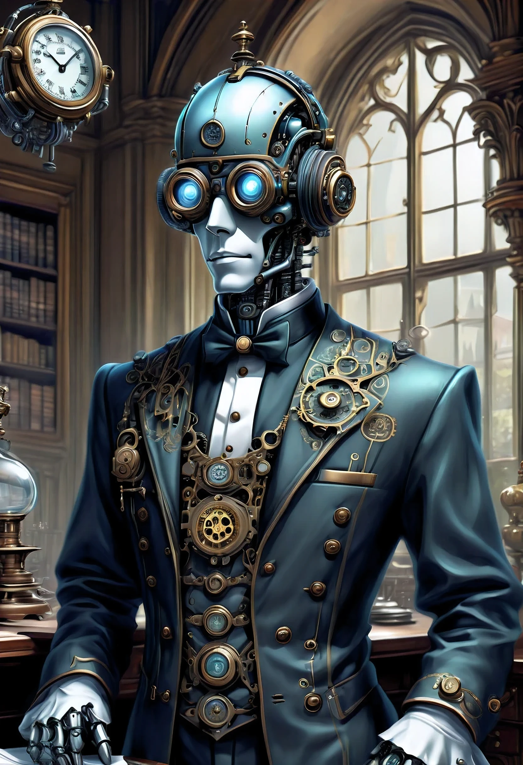 Robot Butler with Mechanical Engineering Profile, steampunk tie, detail soft shadow, Mechanical face with an ennui atmosphere, Mechanical decorative cane with one hand, frombelow, Mechanically with intricate and insane details, About the intricately detailed butler uniform, subtle lighting elements, cool beauty mechanical, Full body shot, From Side, nice cyber butler outfit, An atmosphere of beauty like a finely honed blade, very fine shadows, drizzle doodle background, eternal time clock, It feels like the wind of eternity, Lonely atmosphere, dim white lighting, street art graffiti inspiration, Eyes that show sadness, brave expression, darkest twilight, Detail of darkest core oil paint illustration, ultra clear details, very clear texture, complex brush strokes, High quality, High resolution, of the highest quality,