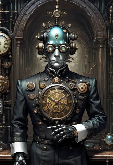 Very insane clear robot butler illustration, Vintage Senior Inspired Mechanical Face, digital matrix table, Gothic metal style m...