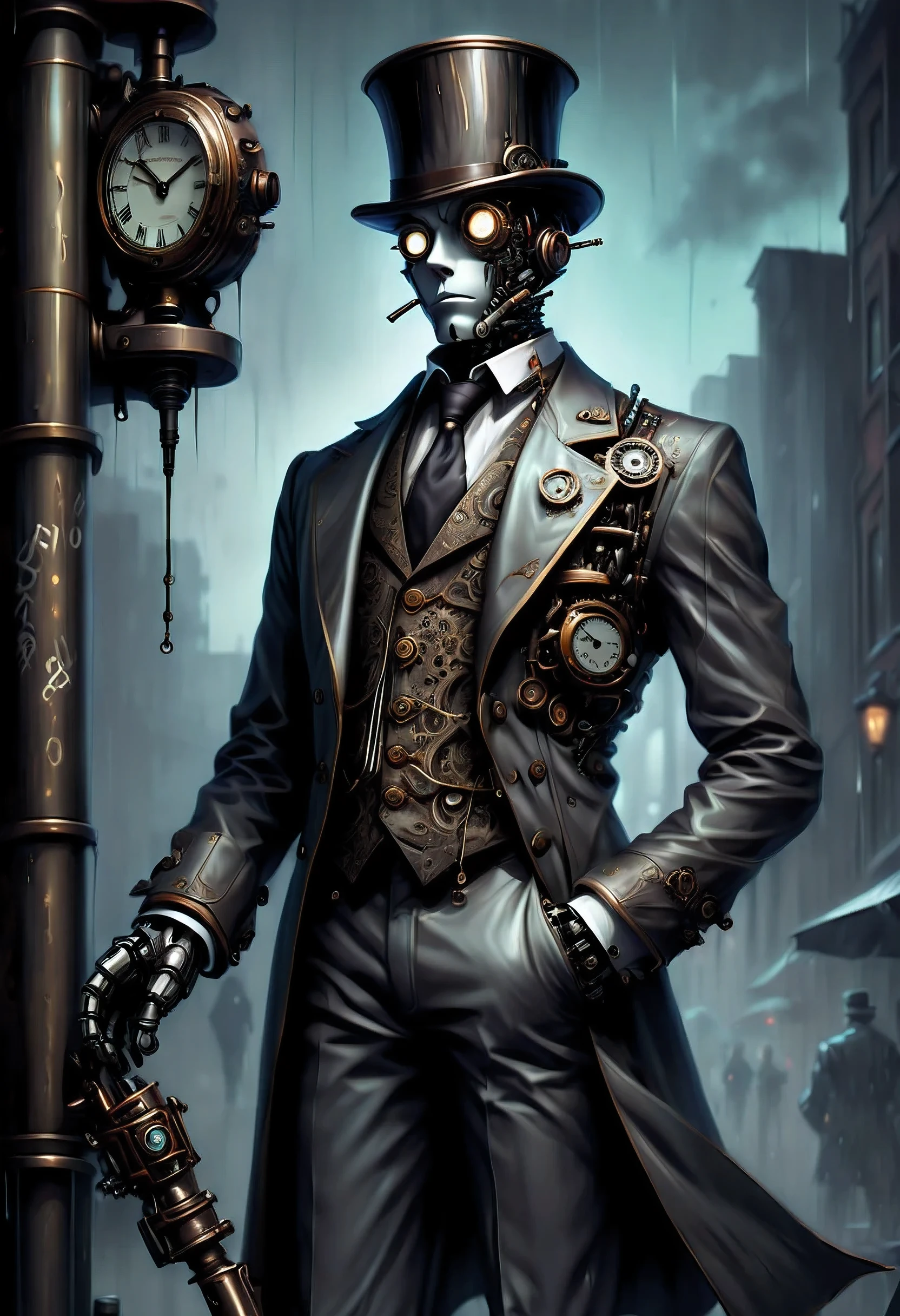 Robot Butler with Mechanical Engineering Profile, steampunk tie, detail soft shadow, Mechanical face with an ennui atmosphere, Mechanical decorative cane with one hand, frombelow, Mechanically with intricate and insane details, About the intricately detailed butler uniform, subtle lighting elements, cool beauty mechanical, Full body shot, From Side, nice cyber butler outfit, An atmosphere of beauty like a finely honed blade, very fine shadows, drizzle doodle background, eternal time clock, It feels like the wind of eternity, Lonely atmosphere, dim white lighting, street art graffiti inspiration, Eyes that show sadness, brave expression, darkest twilight, Detail of darkest core oil paint illustration, ultra clear details, very clear texture, complex brush strokes, High quality, High resolution, of the highest quality,