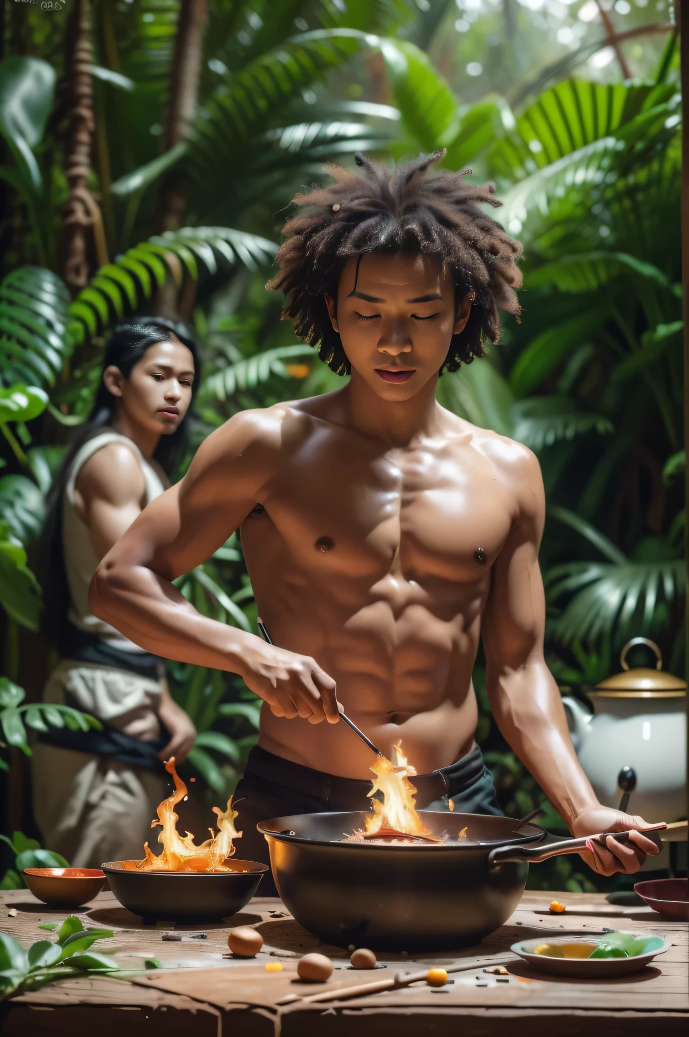 (best quality,4k,8k,highres,masterpiece:1.2),ultra-detailed,(realistic,photorealistic,photo-realistic:1.37),Papua new guinea,hyperealistic:1.5,jungle,group of little boys,sago making,boiling kettle,fire