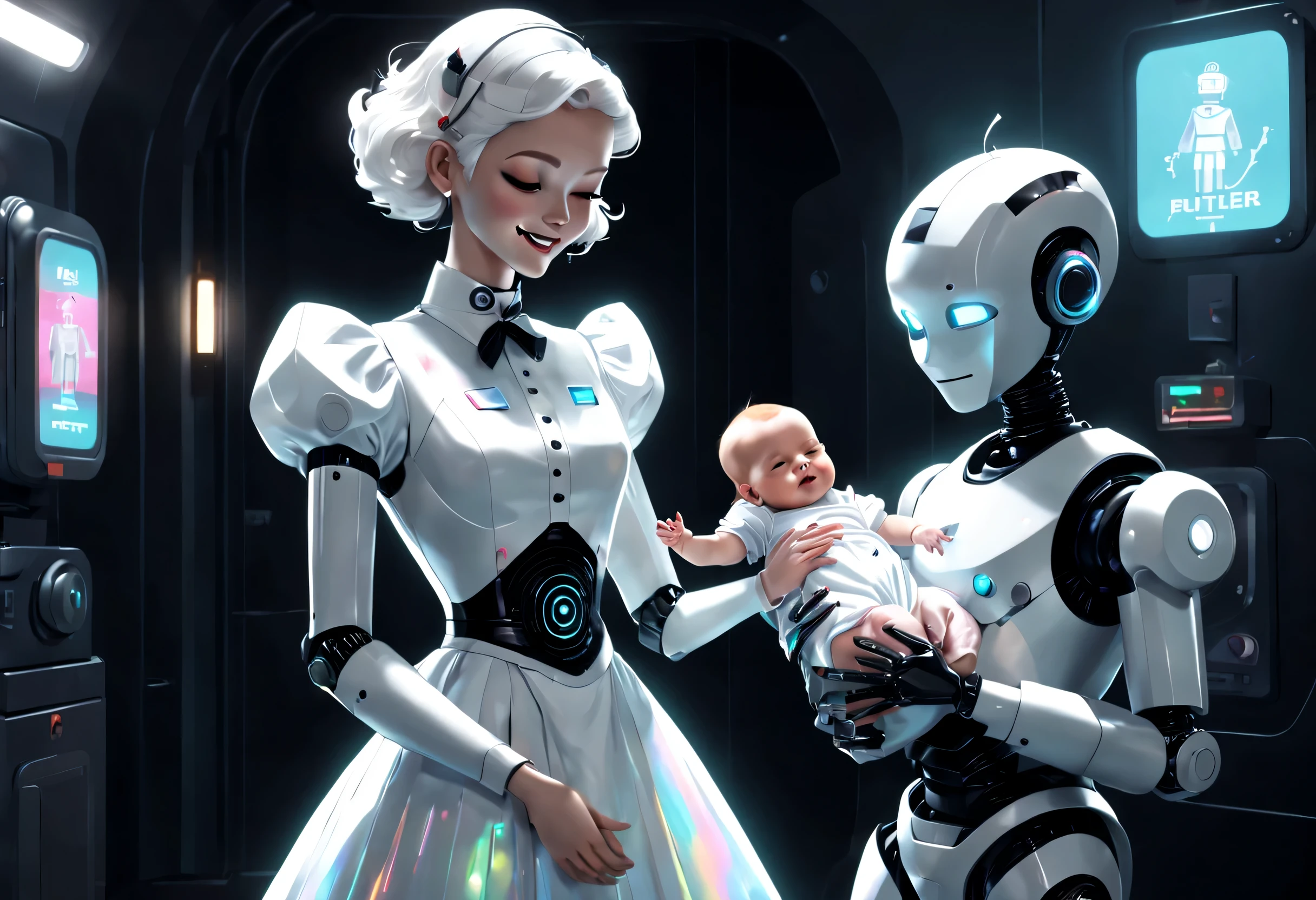 Future character design，Retro-Future，(Robot butler wearing holographic white retro dress，Smiling looking at sleeping human baby)，Perfect robot，Future character design, sci-fy, 3D, cyber punk style