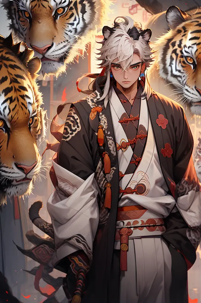 masterpiece,best quality,1boy,jewelry,male focus,looking at viewer,solo,upper body,white hair,(Taoist robe:1.2),tiger,