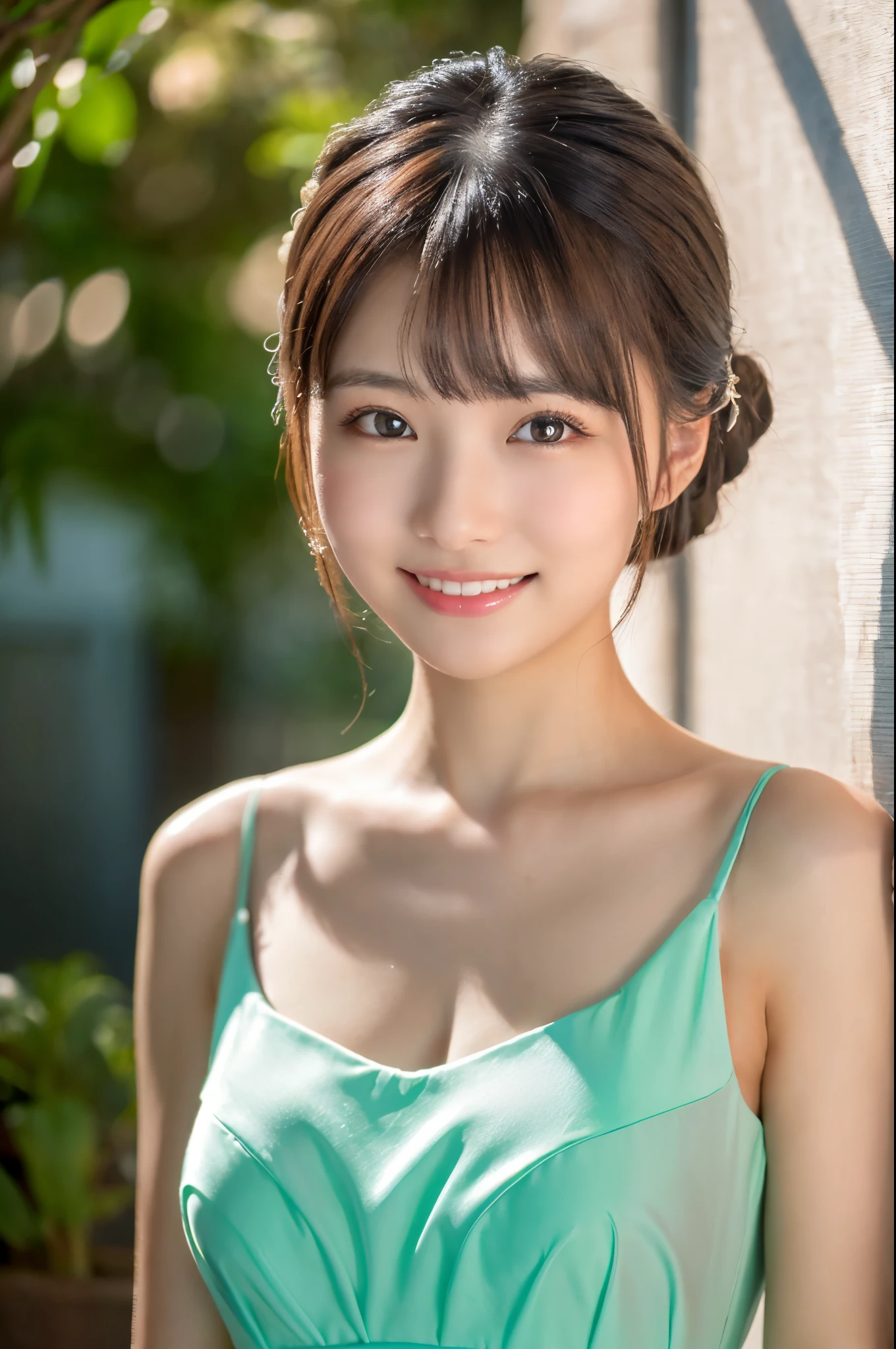 ulzzang -6500-v1.1, (Raw photo:1.2), (Photorealsitic), a beautiful detailed girl, (Real: 1.4), ighly detailedな目と顔, beatiful detailed eyes, (((Upper class girl in elegant formal dress of random color:1.3)))、(Ultra-realistic pantyhose:1.2), (high-heels:1.2), (I keep my hair up and short)、 (Very affectionate smile:1.2)、huge filesize, hight resolution, ighly detailed, top-quality, [​masterpiece:1.6], illustratio, ighly detailed, nffsw, finely detail, top-quality, 8k wallpaper, Cinematographic lighting, 1girl in, 17 age, perfect body type, cute droopy eyes beautiful big eyes、Pieckfinger, ((masutepiece)), Best Quality, 1girl in, eye shadow, Upper body, Portrait, ((FULL BODYSHOT:1.2))、