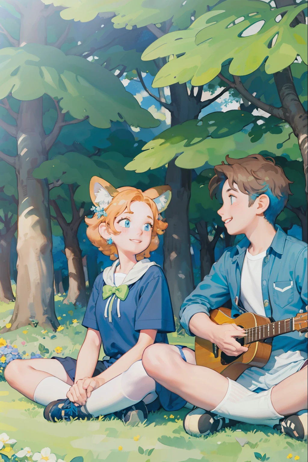 A girl and a boy are sitting on a park bench.  1boy is playing the guitar. smile, happy,   in trees, forests and sunshine. sunshine, the mottled shadows, the blue sky and white clouds.Watercolor style, bright colors, sunny.green high saturation  dappled sunlight, (Colorful)  animal ears,, masterpiece, best quality,