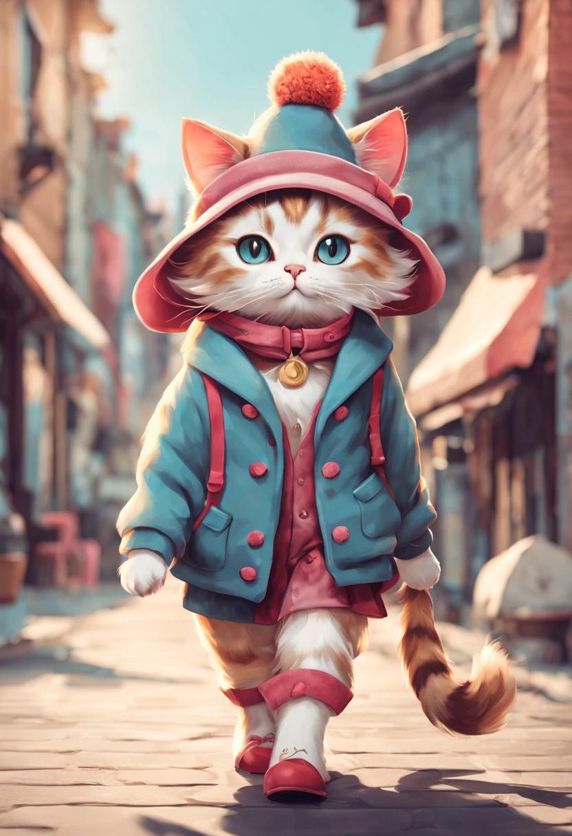 有一只Cat in a hat在街上行走, very beautiful Cute catgirl, the cat is walking, smol furry cat wearing smol hat, Cute cat, Cat in a hat, Beast in fashionable clothes, cute women, an Human cats, Wear long, flowing clothes, Cute cat photo, Cute and cute, Human cats, very fashion，anthropomorphic cat，walking on two feet