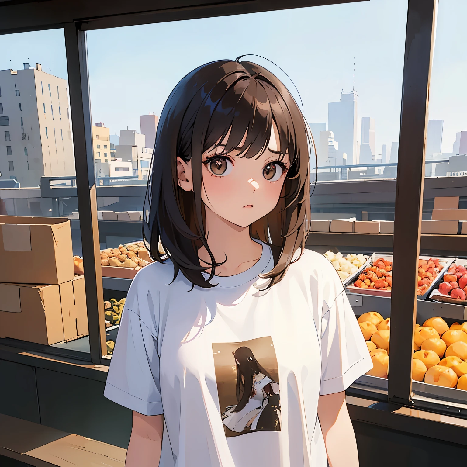 ​masterpiece、top-quality、 A 25-year-old woman with medium hair and  with brown bangs.、T-shirt 、white  shirt、(serious:1.3)、Staring、is standing、The background is market 、Bold composition、Upper body is shown、Alone