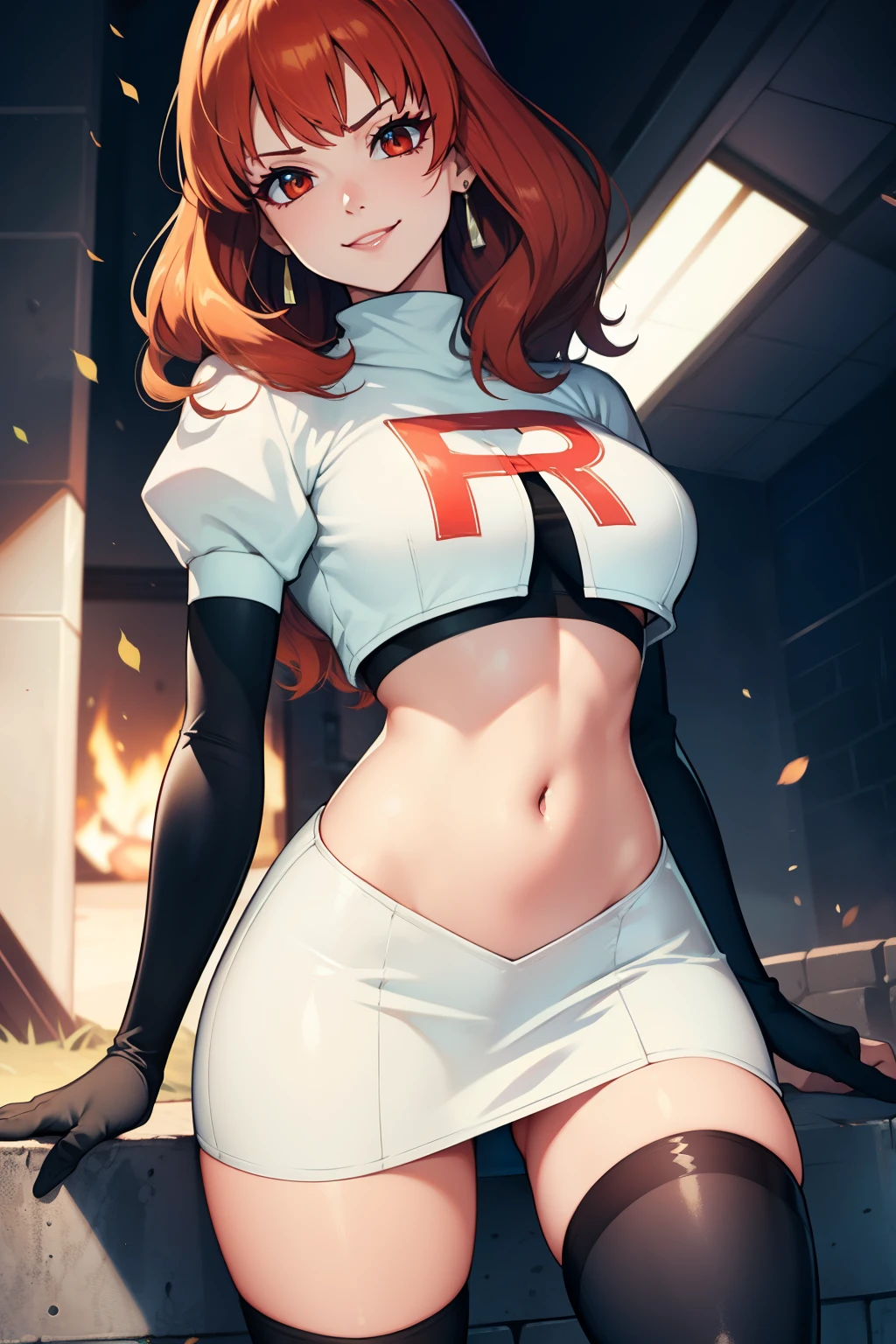 celica fe ,glossy lips, light makeup, eye shadow, earrings ,team rocket,team rocket uniform, red letter R, white skirt,white crop top,black thigh-high boots, black elbow gloves, evil smile, sexy pose