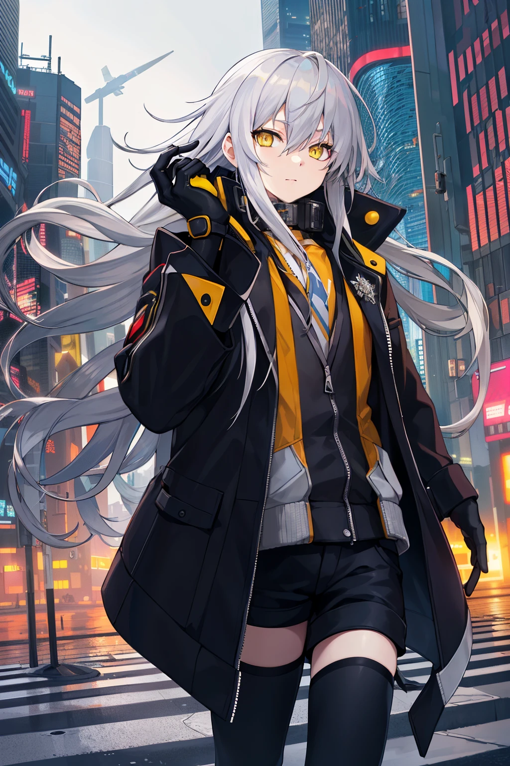 masterpiece, best quality, long hair, silver hair, yellow eyes, outdoors, jacket, wind, cyberpunk, gloves,