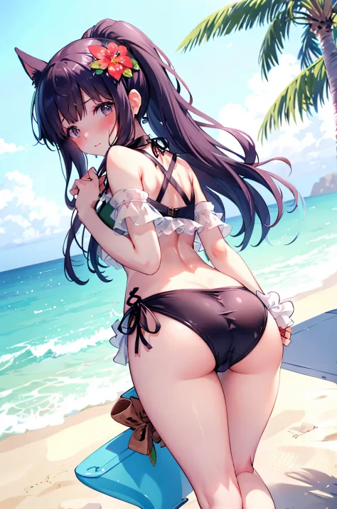 blushing,embarrassed expression,beach, palm trees, beach mat, 1 girl, rosy cheeks, dog ears, animal fur, ponytail, flower in hair, hibiscus, green bikini, perspective, bare shoulders, ribbon, black dress, swimsuit under clothes.from behind,ass focus,showin...