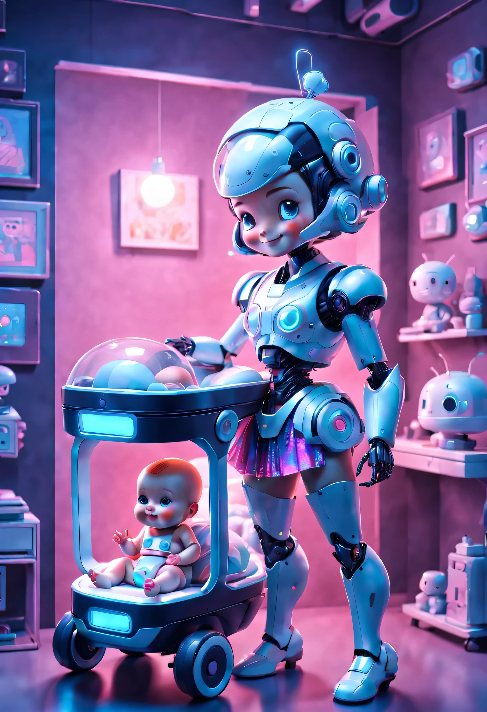 Conception des futurs personnages，Rétro-Futur，(Majordome robot portant une jupe rétro holographique，Souriant en regardant un joli bébé humain dans son berceau)，super chambre, 3D, style cyberpunk futuriste，，comme un rêve
