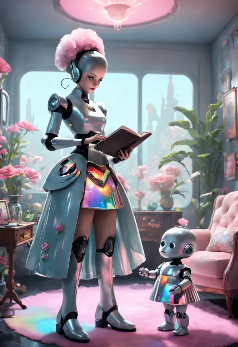 retro-future, robot butler wears holographic retro skirt and reads to cute human baby, located in a surreal living room，there ar...