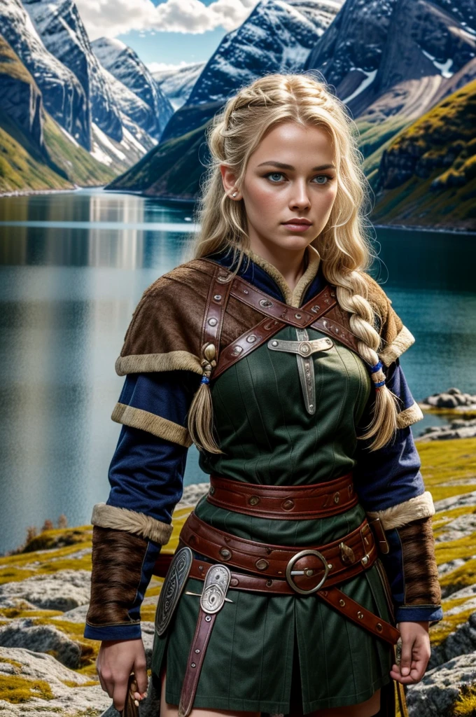 Masterpiece, 1girl, a beautiful 24 years old Norwegian girl, blonde hair, Athletic body, viking braided sidecut hair, (viking warrior costume:1.4), medium breasts, blue-grey eyes, high detailed eyes, very pale skin, screaming, insane details, realistic, detailed face, face paint, detailed skin texture, brutal, tough , determined, ultra high res.photorealistic:1.4, UHD, full body shot, beautiful Norwegian Fjord early morning the background, smooth lighting