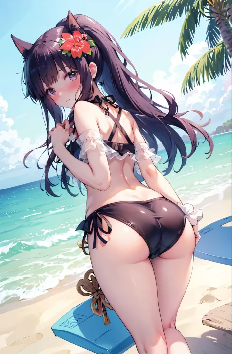 blushing,embarrassed expression,beach, palm trees, beach mat, 1 girl, rosy cheeks, dog ears, animal fur, ponytail, flower in hair, hibiscus, green bikini, perspective, bare shoulders, ribbon, black dress, swimsuit under clothes.from behind,ass focus,showin...