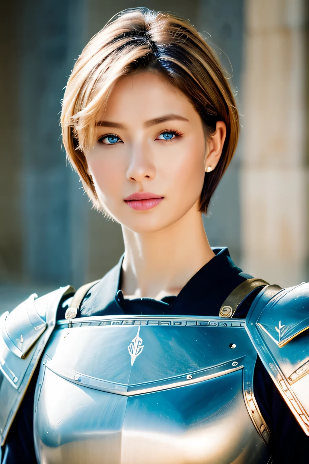 (top-quality,8K,​masterpiece),
Shot from the waist up,
Niō Standing,has a fine sword,Luxurious decoration,
Very beautiful Caucasian woman,Very beautiful face,face perfect,A detailed face,30-years old,(A detailed eye,Detailed lips,Lip Gloss),
Very white skin,blue eyes,
so short hair,a pixie cut_boyish,a blond,
Full body Wearing armor( (armor:1.2),very precise armor,
Old castle,