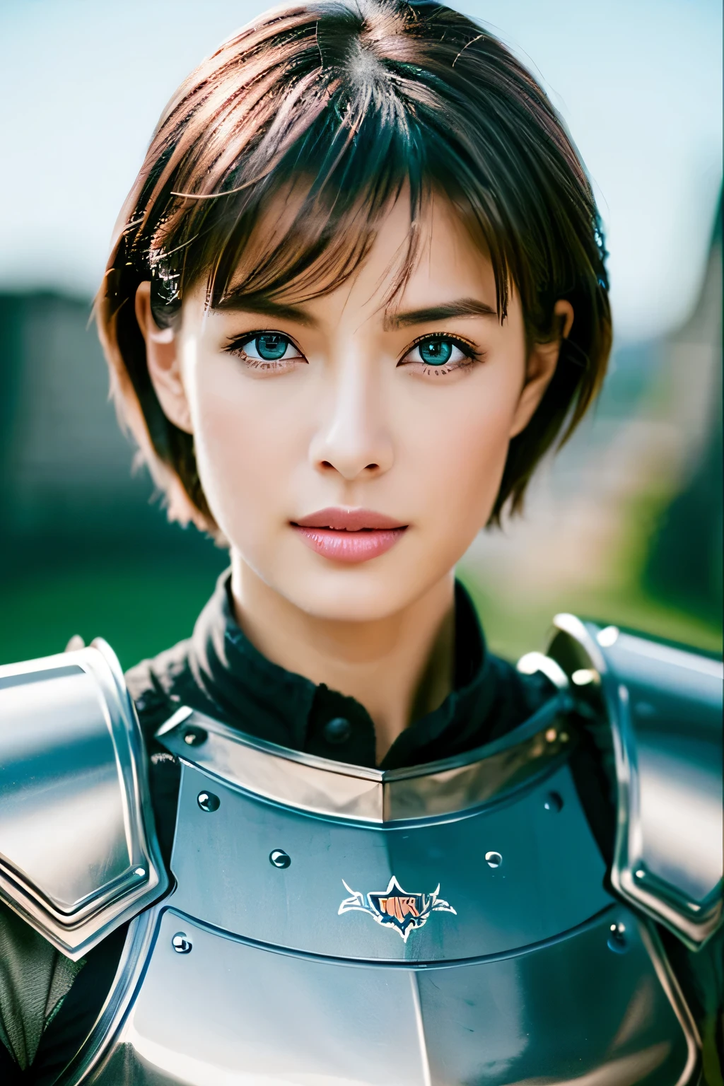(top-quality,8k,​masterpiece),
Shot from the waist up,
Niō Standing,has a fine sword,Luxurious decoration,
Very beautiful Caucasian woman,Very beautiful face,face perfect,A detailed face,30-years old,(A detailed eye,Detailed lips,Lip Gloss),
Very white skin,Blue eyes,
so short hair,a pixie cut_boyish,a blond,
Full body Wearing armor( (armor:1.2),very precise armor,
Old castle,