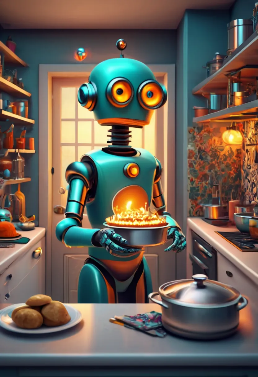 Robot Butler. (best quality,4k,highres:1.2),ultra-detailed,(realistic:1.37),zentangle style Robot Butler cooking for his owners,...