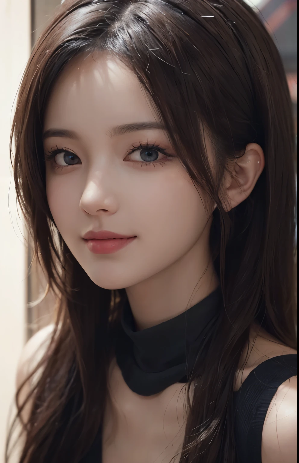 A close up of a woman with long hair wearing a black top - SeaArt AI