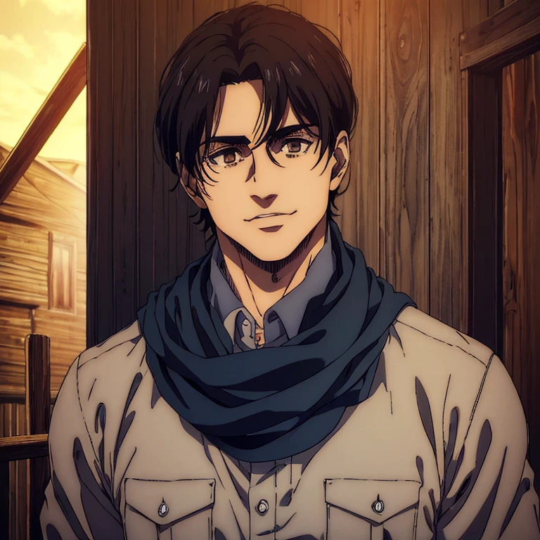 (best quality,realistic:1.37),A male character with (beautiful detailed,brown) eyes and with (beautiful detailed, black) hair in the Mappa art style,(sharp,strong) jawline, wearing a (grey) shirt, (blue) scarf, (wide) smile. Cabin behind.