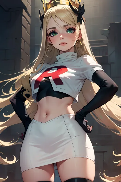 celinefe, celinecrown ,glossy lips, light makeup, eye shadow, earrings ,team rocket,team rocket uniform, red letter r, white ski...