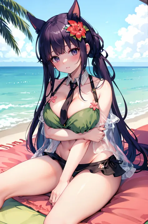 (((masterpiece))),highres,absurdreest quality))),official art,looking at viewer,beach,palm tree,beach mat,lap pillow invitation,hand on lap,1girl,kasumiprcn,dog ears,animal ear fluff,ponytail,hair flower,hibiscus,green bikini,see-through,bare shoulders,nec...