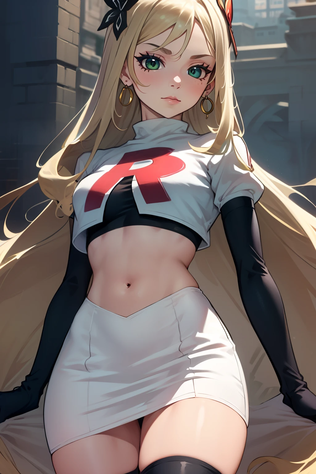 celinefe, celinecrown ,glossy lips, light makeup, eye shadow, earrings ,team rocket,team rocket uniform, red letter R, white skirt,white crop top,black thigh-high boots, black elbow gloves, sinister villianess look, looking down on viewer, arms crossed