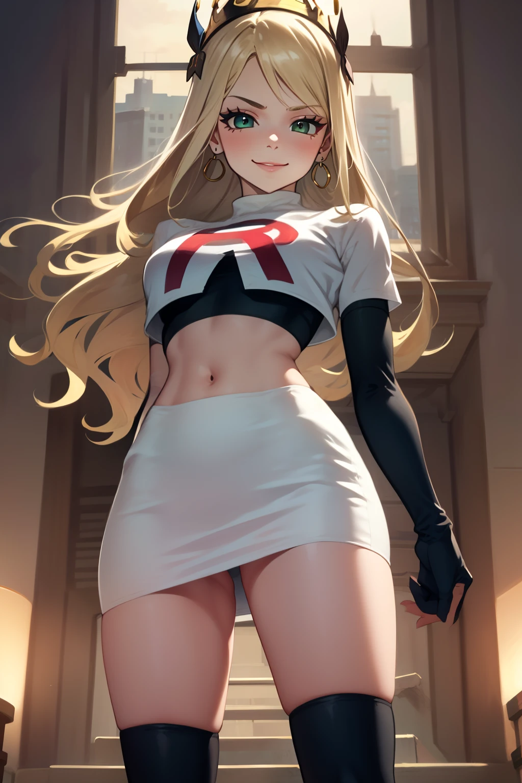 celinefe, celinecrown ,glossy lips, light makeup, eye shadow, earrings ,team rocket,team rocket uniform, red letter R, white skirt,white crop top,black thigh-high boots, black elbow gloves, evil smile, looking down on viewer, arms crossed