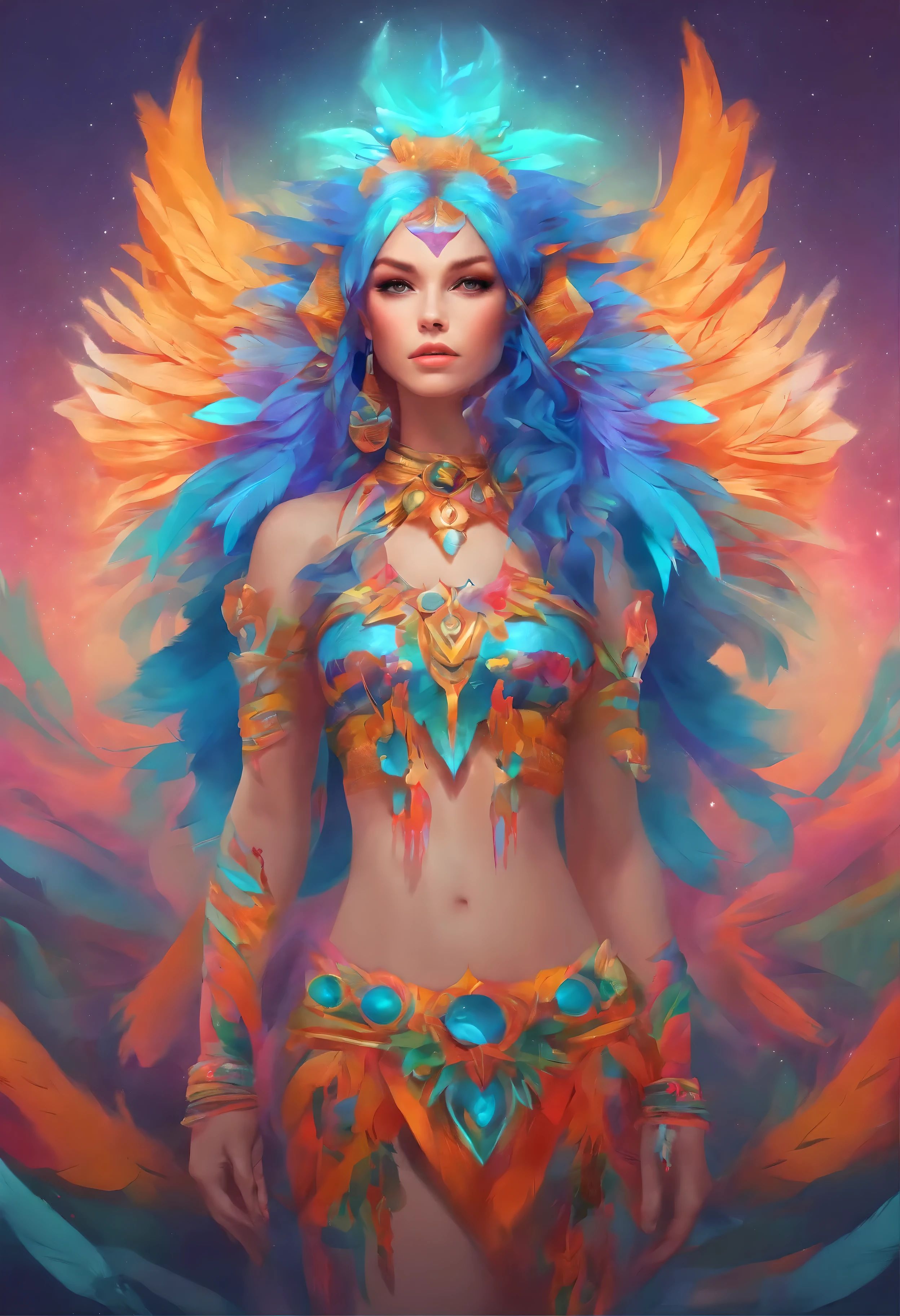 a woman with bright makeup and colorful hair with feathers on her head, vibrant digital painting, colorful digital painting, vibrant fantasy style, colorfull digital fantasy art, color photograph portrait 4k, symmetrical painted face, colorful photo, doja cat, vivid psychedelic colors, beautiful digital artwork, jen bartel, unreal engine : : rave makeup, vibrant fan art, 360 view, Fujifilm, Wide-Angle, first-person view, wide shot, viewfinder, polar opposites, rotational symmetry, projected inset, reflection light, optical illusion, UHD, masterpiece, textured skin, 8k