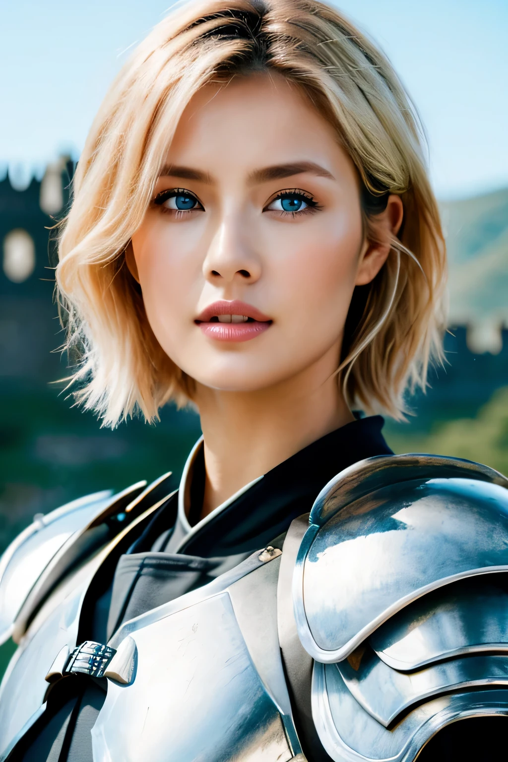 (top-quality,8K,​masterpiece),
Shot from the waist up,
Niō Standing,has a fine sword,Luxurious decoration,
Very beautiful Caucasian woman,Very beautiful face,face perfect,A detailed face,30-years old,(A detailed eye,Detailed lips,lipgloss),
Very white skin,Blue eyes,
so short hair,a pixie cut_boyish,a blond,
全身Wearing armor( (armor:1.2),とても精密なarmor,
Old castle,