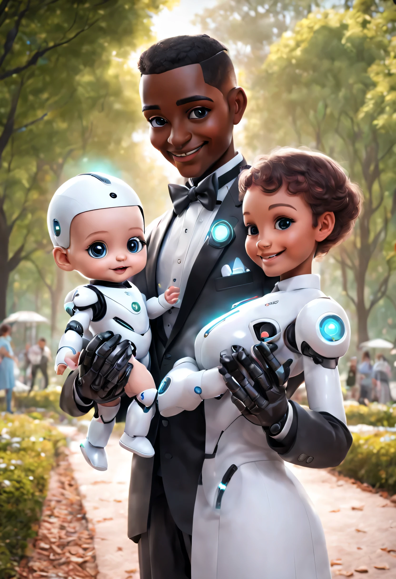 (ロボット執事が公園でかわいい人間の赤ちゃんを抱く), ロボット執事が赤ちゃんの世話を全行程行う. 頭部には高精細アナログフェイスディスプレイを搭載, 温かくフレンドリーな笑顔, ハッピー, ホログラフィックの白い執事制服ドレススーツを着て, 今後のキャラクターデザイン, サイエンスフィクション, ブラックテクノロジー, 3D, サイバーパンクスタイル
,