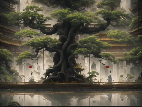 Create a Chinese landscape painting，Rendering the fine details of HD 4K。Image focuses on an old gym，In the center stands a leafy ginseng fruit tree，The huge ginseng fruit on the tree is clearly visible，The shape is too big，The ginseng fruit dropped to the ...
