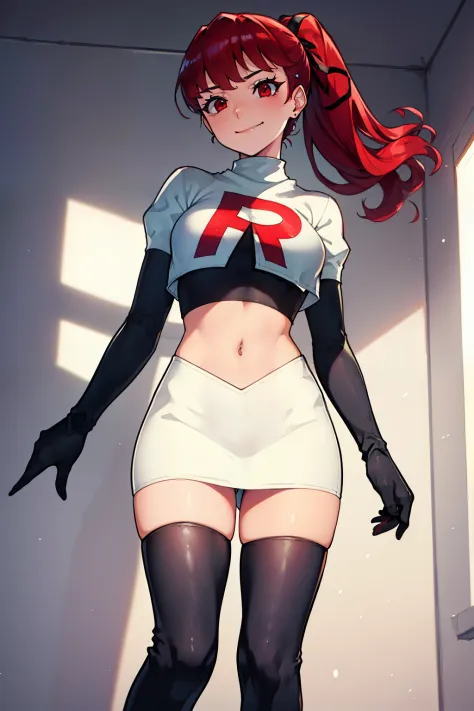 red hair, pony tail, red eyes ,glossy lips, light makeup, eye shadow, earrings ,team rocket,team rocket uniform, red letter R, white skirt,white crop top,black thigh-high boots, black elbow gloves, evil smile, looking down on viewer, arms crossed