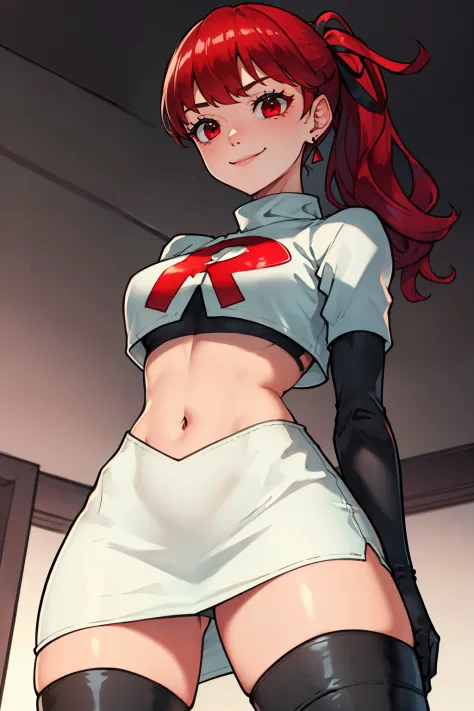 red hair, pony tail, red eyes ,glossy lips, light makeup, eye shadow, earrings ,team rocket,team rocket uniform, red letter R, white skirt,white crop top,black thigh-high boots, black elbow gloves, evil smile, looking down on viewer, arms crossed