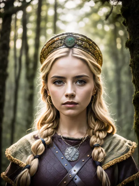 ((Emma of Normandy da série "Vikings: Valhalla de 2022")), (inspirada em Laura Berlin:1.2), (traje viking:1.2), in a setting of ...