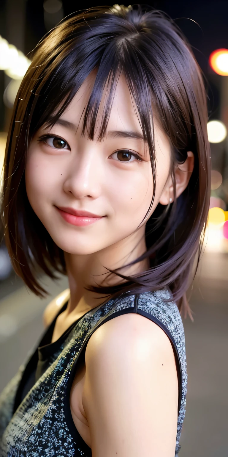 1人の女の子, 東京ストリート,夜, 都市景観,街の明かり,上半身,閉じる,笑顔,, (8k, RAW写真, 最高品質, 傑作:1.2),(現実的, photo-現実的:1.37),