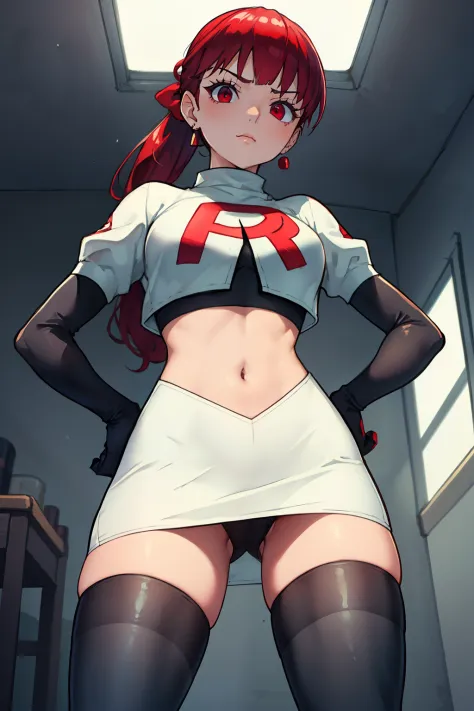 red hair, pony tail, red eyes ,glossy lips, light makeup, eye shadow, earrings ,team rocket,team rocket uniform, red letter R, white skirt,white crop top,black thigh-high boots, black elbow gloves, sinister villianess look, looking down on viewer, hands on...