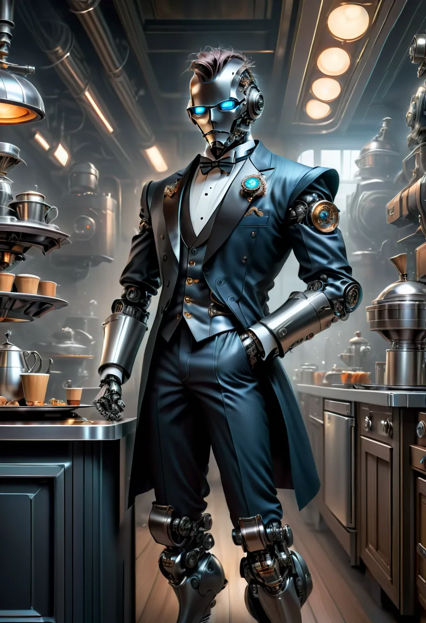 best qualtiy，8k，a high resolution，tmasterpiece，hyper-detailing，((1 robot butler))，（robot, head made of titanium alloy machinery,...