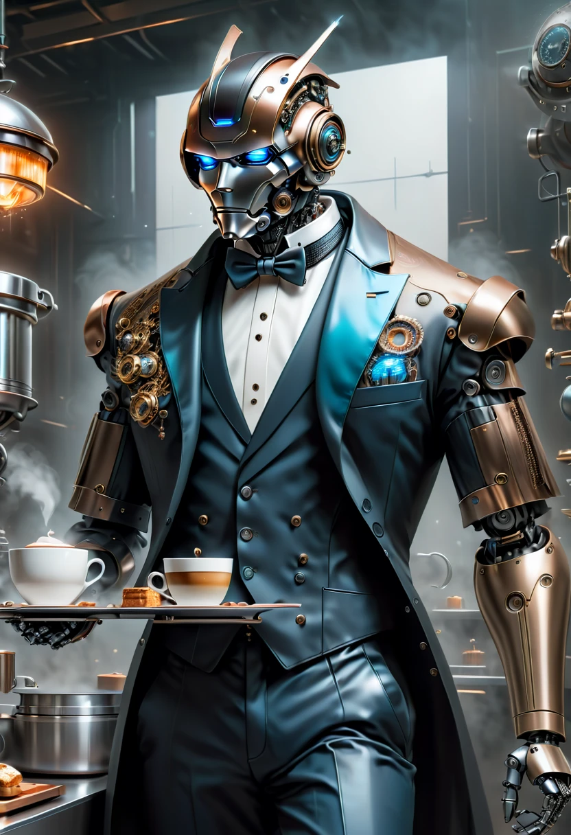 best qualtiy，8k，A high resolution，tmasterpiece，hyper-detailing，((1 robot butler))，（Robot, head made of titanium alloy machinery, body made of vibranium），wearing a tuxedo，Trousers，leather shoes，Holding a steaming cup of coffee on a tray in a futuristic cyberpunk kitchen，k hd，超k hd，studiolight，an ultrafine painting，tack sharp focus，physically-based renderingt，Extremely detailed description，professional，Bright colorokeh，On ArtStation，Popular on CGSociety，portraitureuture，Steampunk，Cyberpunk，sci fi art，number art，modern，Elegant，Exquisite，フォトリアリスティック，超フォトリアリスティック，Complex，Cyberpunk，Amazing，