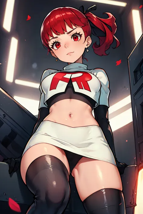 red hair, pony tail, red eyes ,glossy lips, light makeup, eye shadow, earrings ,team rocket,team rocket uniform, red letter R, white skirt,white crop top,black thigh-high boots, black elbow gloves, sinister villianess look, looking down on viewer, pantie s...