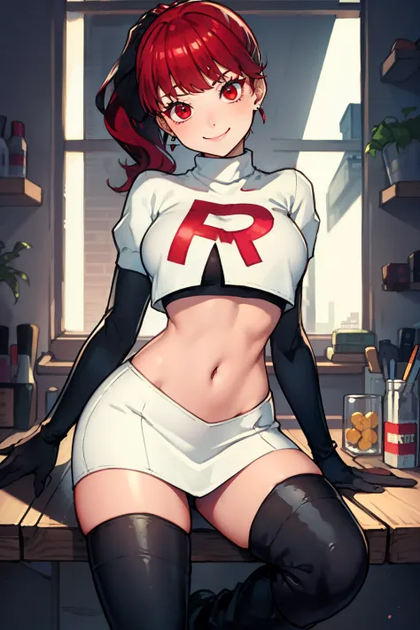 red hair, pony tail, red eyes ,glossy lips, light makeup, eye shadow, earrings ,team rocket,team rocket uniform, red letter R, white skirt,white crop top,black thigh-high boots, black elbow gloves, evil smile, sexy pose