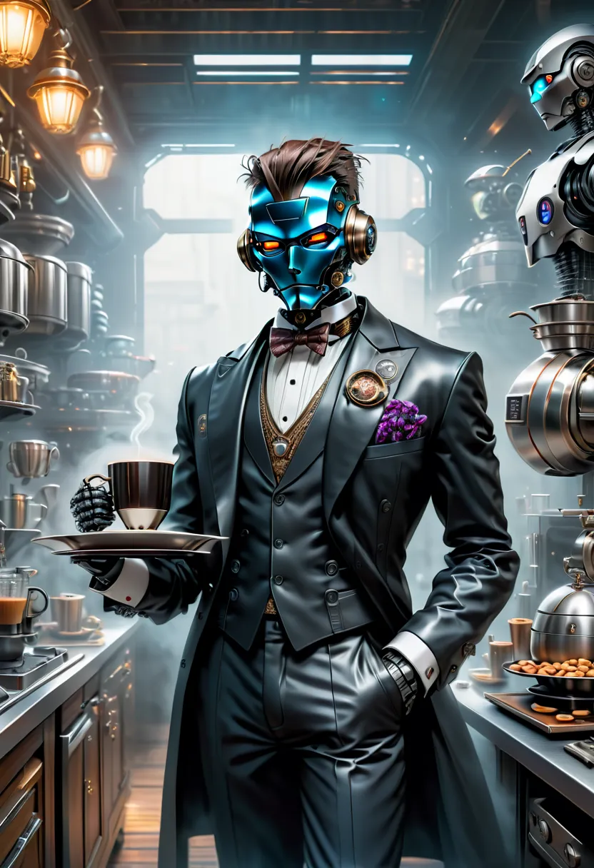 best qualtiy，8k，a high resolution，tmasterpiece，hyper-detailing，((1 robot butler))，（robot, head made of titanium alloy machinery,...