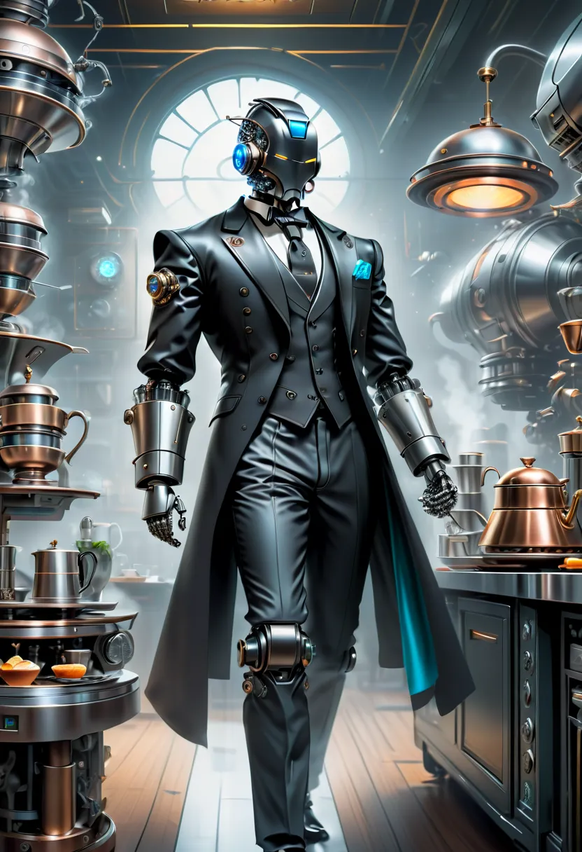 best qualtiy，8k，a high resolution，tmasterpiece，hyper-detailing，((1 robot butler))，（robot, head made of titanium alloy machinery,...