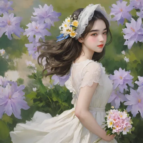 best quality,masterpiece,1girl,beautiful_face,eyebrows_visible_through_hair,lily_\(flower\),dress,holding_flower,from_side, beau...