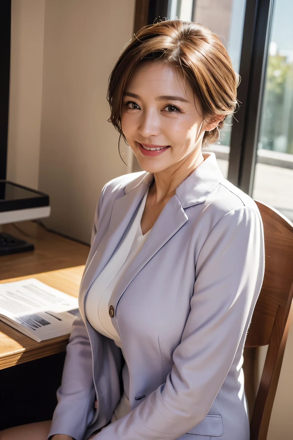 A close up of a woman sitting at a desk with a computer - SeaArt AI