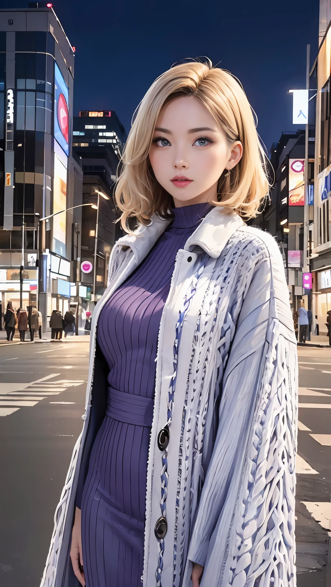 Winter in Japan, natural perm bob, (blondehair), She has beautiful sparkling purple eye color, ​masterpiece, Best Quality,(Photorealistic: 1.4),Ultra High Resolution, unity 8k, (Beautiful detailed eyes:1.6),Symmetrical, extra detailed face, Perfect Lighting, (Perfect hands, Perfect Anatomy), (Background in the city:1.3), ((Maxi knitted dresses, Gown coat:1.3))