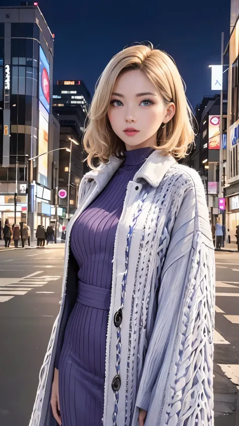 winter in japan, natural perm bob, (blondehair), she has beautiful sparkling purple eye color, ​masterpiece, best quality,(photo...