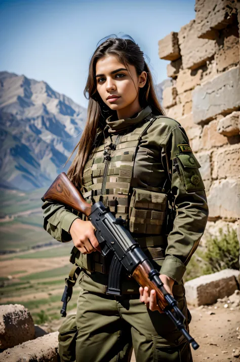 Masterpiece, a 20 years old beautiful arafed woman in a military uniform holding an AK47 rifle, chestnut hair, green eyes, slend...