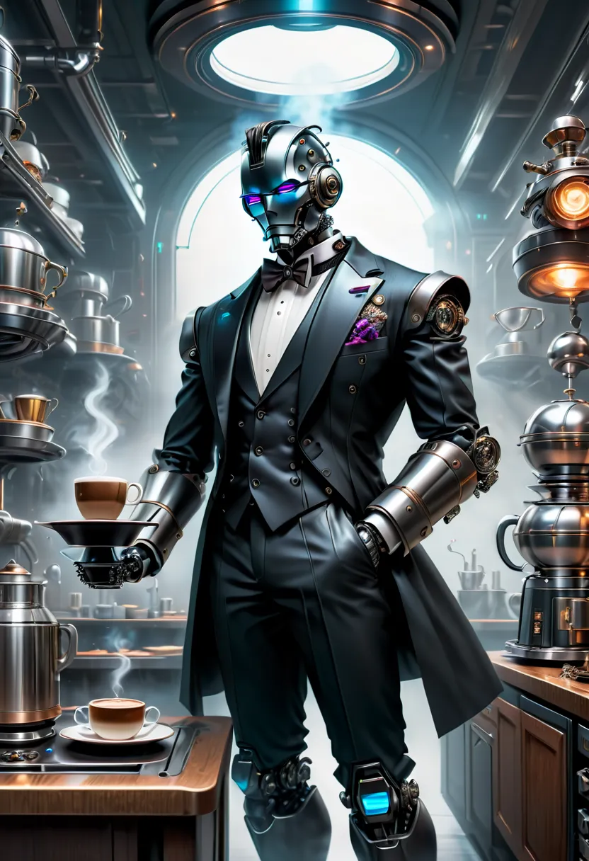 best qualtiy，8k，A high resolution，tmasterpiece，hyper-detailing，((1 robot butler))，（Robot, head made of titanium alloy machinery,...