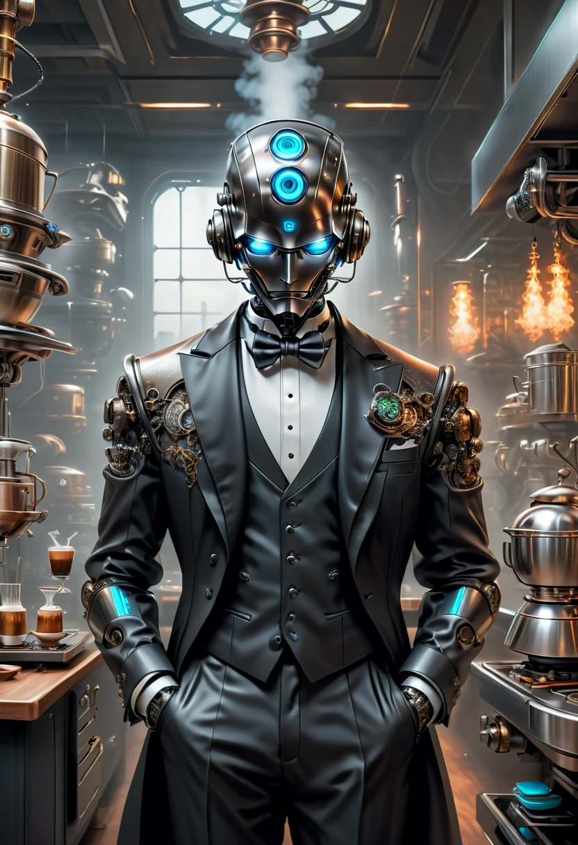 meilleure qualité，8k，Une haute résolution，chef-d&#39;œuvre，hyper-détaillant，((1 robot majordome))，（robot, tête en alliage de titane, corps en vibranium），porter un smoking，pantalon，chaussures en cuir，Tenir une tasse de café fumante sur un plateau dans une cuisine cyberpunk futuriste，k hd，super k hd，lumière de studio，une peinture ultrafine，mise au point nette，rendu basé sur la physique，Description extrêmement détaillée，professionnel，Couleur vive，sur artstation，populaire sur CGSociety，portrait，Steampunk，cyberpunk，art de science-fiction，art des nombres，moderne，élégant，Exquis，photoréaliste，超photoréaliste，Complexe，cyberpunk，Incroyable，