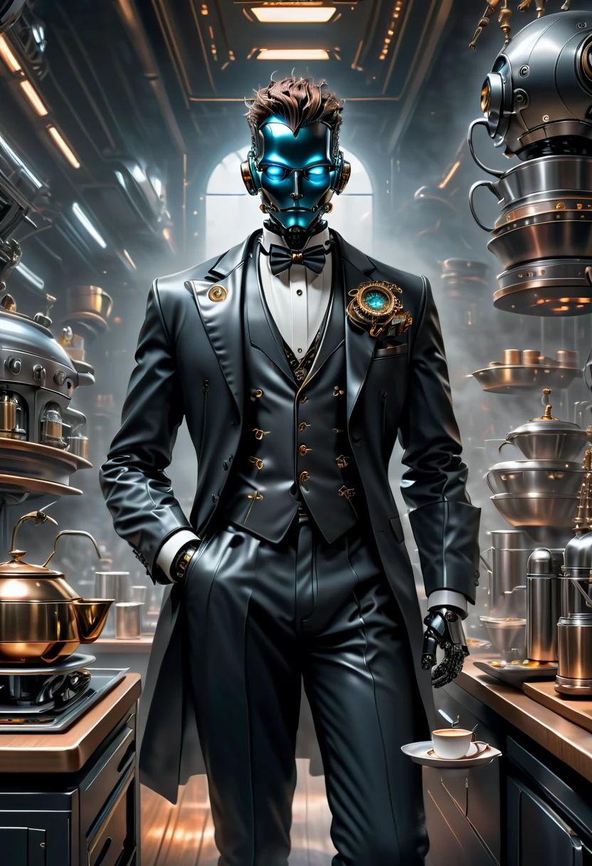 best qualtiy，8k，A high resolution，tmasterpiece，hyper-detailing，((1 robot butler))，（Robot, head made of titanium alloy machinery, body made of vibranium），wearing a tuxedo，Trousers，leather shoes，Holding a steaming cup of coffee on a tray in a futuristic cyberpunk kitchen，k hd，超k hd，studiolight，an ultrafine painting，tack sharp focus，physically-based renderingt，Extremely detailed description，professional，Bright colorokeh，On ArtStation，Popular on CGSociety，portraitureuture，Steampunk，Cyberpunk，sci fi art，number art，modern，Elegant，Exquisite，フォトリアリスティック，超フォトリアリスティック，Complex，Cyberpunk，Amazing，