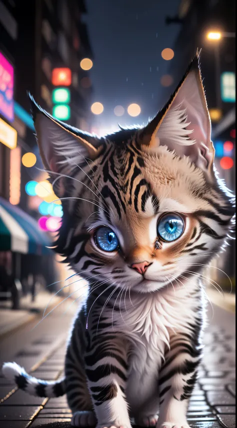 Little baby cute cat,Cute kitten in the dark night，Blue eyes glow, On the streets of a neon-lit city，high high quality,A high resolution,Deep dark background